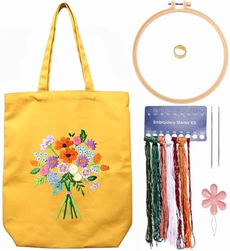 Canvas Tote Bag Embroidery Kit with Pattern for Beginners, Arts and DIY Embroidery Crafts Kits for Adults, Instructions, thimble, Embroidery Hoops, Color Threads (yellow, CR002 zhaolufanhua) by Unknown