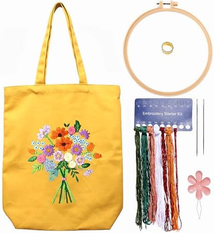 Canvas Tote Bag Embroidery Kit with Pattern for Beginners, Arts and DIY Embroidery Crafts Kits for Adults, Instructions, thimble, Embroidery Hoops, Color Threads (yellow, CR002 zhaolufanhua) by Unknown