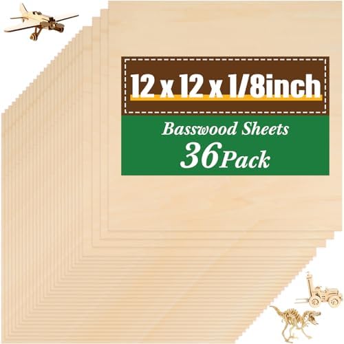 Riakrum Basswood Sheets Plywood Board Unfinished Wood Boards for Crafts for DIY Laser Projects Architectural Mini House Building Hobby Model Making(12 x 12 x 1/8 Inch,36) by Riakrum