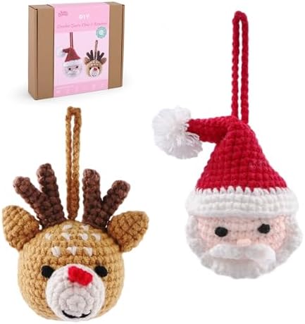 HOUSE CREATIVITY Christmas Crochet Kit for Beginners – Make Santa Claus & Reindeer Ornaments, Amigurumi Crochet Starter Kit with Video Tutorial, Yarn & Hook, DIY Holiday Tree Decor Gift by HouseCreativity