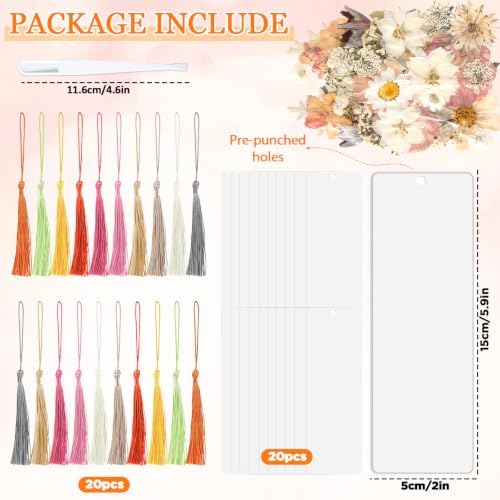 20 Sets Dried Flower Bookmark Making Kit Transparent Bookmark DIY Projects Craft Gift Bulk PET Sticker with Color Tassels and Tweezer for Classroom Activities Reading Award and Book Lovers (Boho) - Image 2