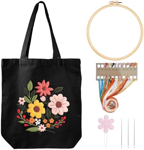 Louise Maelys Halloween Embroidery Kit Canvas Tote Bag with Flower Pattern by LouiseMaelys