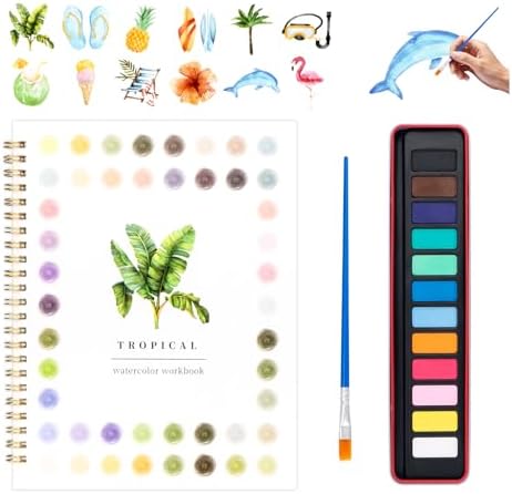 Watercolor Workbook for Adults, Beginner Friendly Watercolor Painting Kit Tropical Water Coloring Book, Nature-Themed Practice Art Gift Water Color Paint Book with Palette and Brush by Kivzex