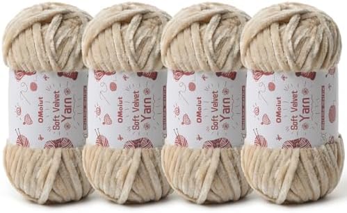4x100g Fluffy Velvet Chenille Yarn for Crocheting and Knitting, 4x80m (87.5yd) Baby Yarn for Crocheting Soft, Crochet Chunky Yarns Amigurumi Yarns (4 Beige) by OMoiut