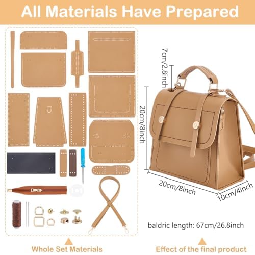 WEBEEDY DIY PU Leather Shoulder Bag Making Kit All Materials Leather Craft Purse Handbag Sewing Kit with Handles and Strap, DIY Your Own Handle Bag Purse for Summer Holiday Travel, 7.9x3.9x7.9 inch - Image 2