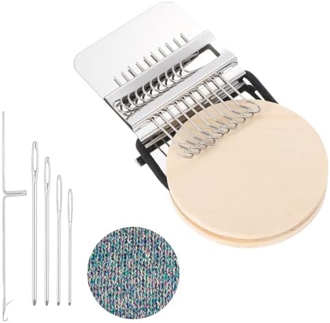 MECCANIXITY Mini Darning Loom, 10 Hooks Wood Weaving Knitting Machine with Knitting Needles and Buckle for Repair Jeans Socks DIY Craft, Knit Patch Loom Weave Tool,Silver by MECCANIXITY
