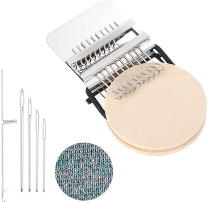 MECCANIXITY Mini Darning Loom, 10 Hooks Wood Weaving Knitting Machine with Knitting Needles and Buckle for Repair Jeans Socks DIY Craft, Knit Patch Loom Weave Tool,Silver by MECCANIXITY