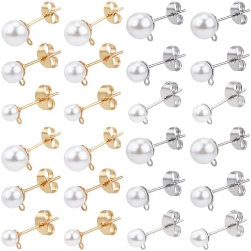 1 Box 120Pcs Pearl Earring Posts Stainless Steel Earring Findings Gold Silver Hypoallergenic Ear Post with Imitation Pearl Loop Butterfly Back Ear Studs for Jewelry Making DIY Crafts Women by SOFPLATE