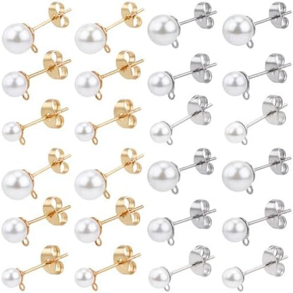 1 Box 120Pcs Pearl Earring Posts Stainless Steel Earring Findings Gold Silver Hypoallergenic Ear Post with Imitation Pearl Loop Butterfly Back Ear Studs for Jewelry Making DIY Crafts Women by SOFPLATE