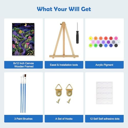 MOGTAA Starry Night Paint by Numbers Kit for Adults Beginners with Frame, House and Flowers Adult Paint by Number Kits on Canvas with Easel, Easy DIY Oil Painting Kits for Home Decor, 8x12in - Image 5
