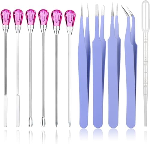 11 Pcs Silicone Resin Mold Tools Set Stirring Needle Spoon Tool Tweezers Precision Kit, Anti-Static Electronics Tweezers Set for Resin Art Crafts,Jewelry Making,Epoxy Casting Molds-Rose Red & Purple by ColoryourlifewithMSDADA