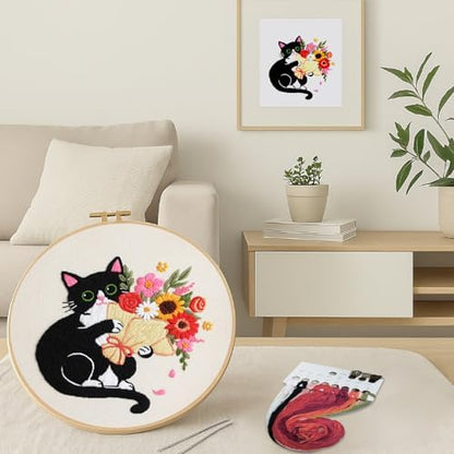 Nuberlic Embroidery Kits for Beginners with Cat and Flower Pattern - Image 2