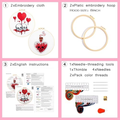 Halloween Goth Embroidery Kits for Beginners Adults, Dark Skull Embroidery Sets Needlepoint Kits, Halloween Stamped Cross Stitch Kits for Beginners Adults, 2 Embroidery Hoops (Attached Video Tutorial) - Image 6