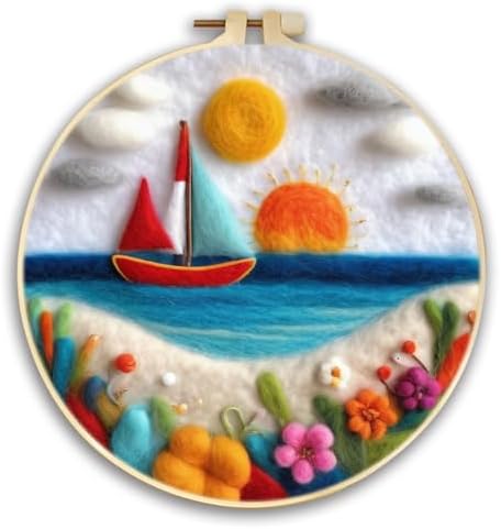 CaptainCrafts DIY Needle Felting Starter Kit with Picture Hoop, Foam Pad, Felt Cloth, Instructions for Home Decoration, Beginner Art Craft (A Small Boat on The sea) by CaptainCrafts