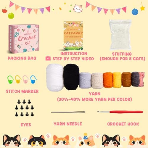 MAGIMUSE Crochet Kit for Beginners, 5 Cat Crochet Amigurumi Craft Kit - Image 5