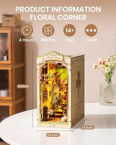 Rolife DIY Book Nook Kits for Adults, Miniature Dollhouse Booknook Kit for Home Room Decor, 3D Wooden Puzzle with LED, Flower Corner Creative Bookends Bookshelf Diorama Insert - Image 4