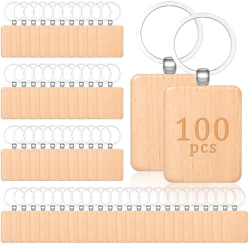 MAQUITA 100 Pcs Wooden Keychain Blanks Wood Key Chains Bulk Laser Engraving Rectangle Keychain Blanks Unfinished Wooden Key Ring Tag for DIY Gift Crafts by MAQUITA