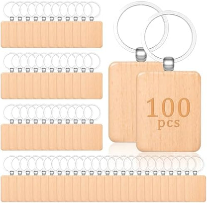 MAQUITA 100 Pcs Wooden Keychain Blanks Wood Key Chains Bulk Laser Engraving Rectangle Keychain Blanks Unfinished Wooden Key Ring Tag for DIY Gift Crafts by MAQUITA
