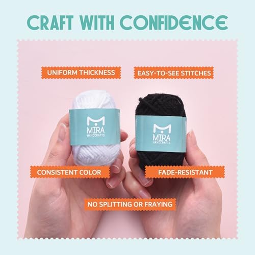 Mira Handcrafts Crochet Set for Beginners – 264 Yards Soft, Premium Acrylic Yarn for Crocheting – 12 Black and White 10g Skeins – Strong, Lightweight Yarn for Knitting and DIY Crafts for Kids & Adults - Image 3