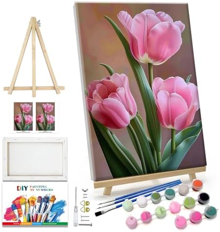 JOOZ Paint by Numbers Kit for Adults Flowers Paint by Numbers Kit with Frame DIY Tulip Paint by Number with Easel Floral Adult Paint by Number Kits Canvas for Gift Home Wall Decor 7.87x11.81 Inch by Jooz