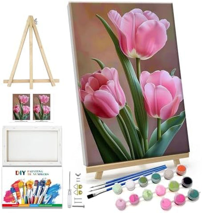 JOOZ Paint by Numbers Kit for Adults Flowers Paint by Numbers Kit with Frame DIY Tulip Paint by Number with Easel Floral Adult Paint by Number Kits Canvas for Gift Home Wall Decor 7.87x11.81 Inch by Jooz