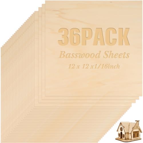 Riakrum Basswood Sheets Plywood Board Unfinished Wood Boards for Crafts for DIY Laser Projects Architectural Mini House Building Hobby Model Making(12 x 12 x 1/16 Inch,36) by Riakrum