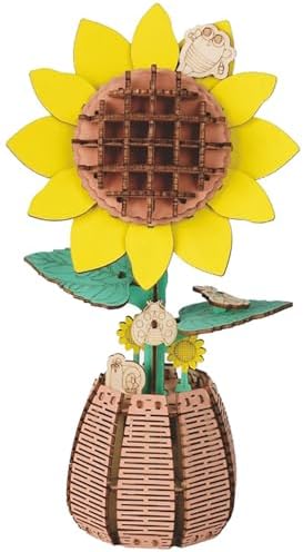 3D Wooden Flower Puzzle Kit for Adults | DIY Botanical Bouquet Building Set with Adjustable Vase | Home Decor & Stress Relief Gift-Sunflower (83PCS) by Unknown