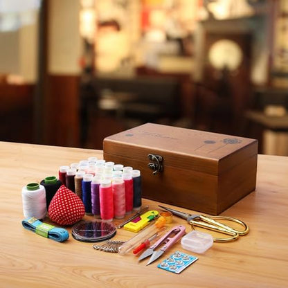 Classic Wooden Sewing Kit for Beginners, Sewing Tools with Scissors, Thread Spools, Needles, Buttons, Ideal for Adults, Handy for Travel - Image 3