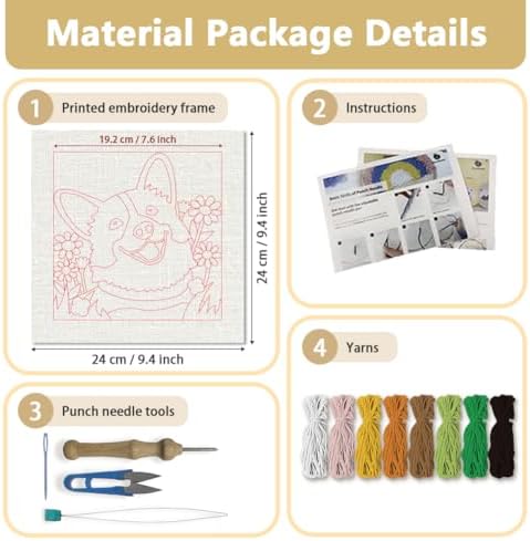 Doodlream Cute Corgi Dog DIY Punch Needle Embroidery Kit for Adult Beginner, 9.4" Cartoon Animal Flower Punch Stitching Craft Set for Starter with Frame,Fabric Pattern,Threader, Yarn, Pinch Needle - Image 2