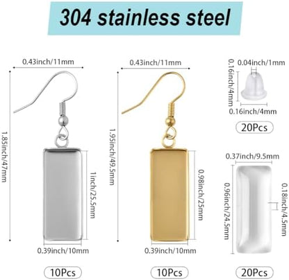 1 Box 60Pcs 20 Sets Earring Blank Tray Bezel Set Earring Blanks 10x25mm Rectangle Pendant Trays with Glass Cabochons Settings Silicone Ear Backs for Jewelry Making Supplies DIY Dangle Charms - Image 2