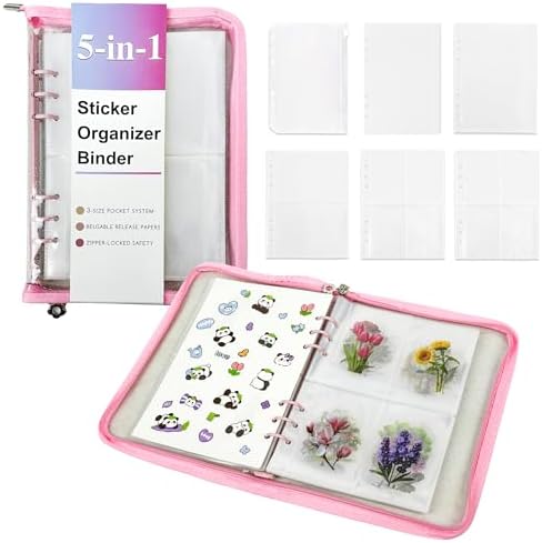 5-in-1 Sticker Organizer Book Reusable A5 Storage Binder with 220 Pockets,10 Release Papers, Zipper Album Sticker Collecting Display Keeper (Pink) by EASTVIO