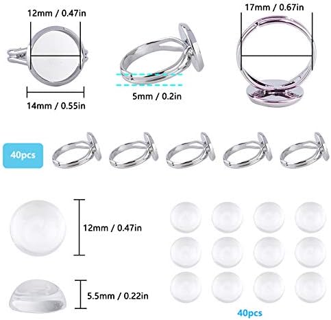 SUNNYCLUE 80Pcs Ring Blanks Finger Rings Making Kit 40Pcs Ring Blank Base Pad Adjustable Bezel Trays 40Pcs 12mm Glass Cabochons for DIY Cabochon Jewelry Making Kits Adult Women - Image 2