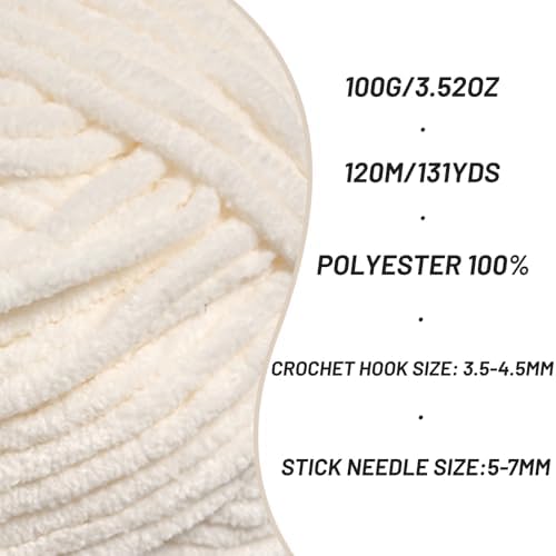 Plush Chunky Chenille Yarn for Crocheting, Soft Fluffy Velvet Yarn for Crocheting, Fuzzy Baby Blanket Knitting Yarn, 100g/131yds Bulky Amigurumi Yarns（White） - Image 3