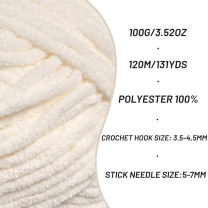 Plush Chunky Chenille Yarn for Crocheting, Soft Fluffy Velvet Yarn for Crocheting, Fuzzy Baby Blanket Knitting Yarn, 100g/131yds Bulky Amigurumi Yarns（White） - Image 3