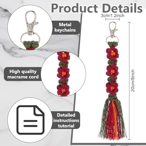 BEUNITONE 12 Sets Macrame Keychain Making Craft Kits for Adults Daisy Flower Keychains Macrame Cord Knotting Supplies Kit with Instruction Keychain Accessories DIY Kits for Beginners Adults Charms - Image 3
