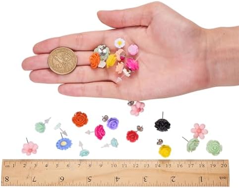 SUNNYCLUE 1 Box DIY 16 Pairs Flower Cabochons Resin Rose Flatbacks Valentine's Day Earrings Making Kit Rose Beads Love Valentine Flower 3D Flat Backs for Jewelry Making Kits Stud Earring Findings - Image 5