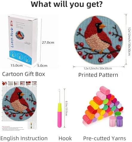 Latch Hook Rug Kit Cute Cartoon Red Cardinal Bird on Red Berry Tree Easy for Beginners Round Shape Carpet Crochet Yarn Craft Mini Rug DIY Hook and Latch Little Tapestry for Home Decor 30x30cm-3 - Image 2