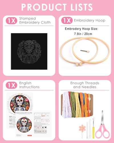 TINDTOP Embroidery Kit for Adult Beginners, Embroidery DIY Starter Kit, with Stamped Patterns, Hoop, Tools, Colorful Threads with Needles, Instructions (Skeleton C) - Image 2