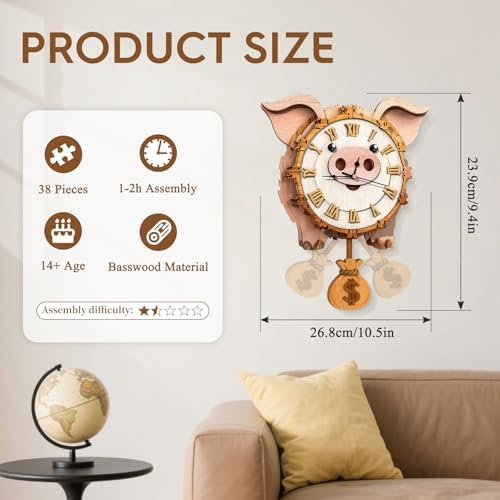3D Puzzles for Adults Wooden Pig Puzzle Clock Adult Crafts - Image 3