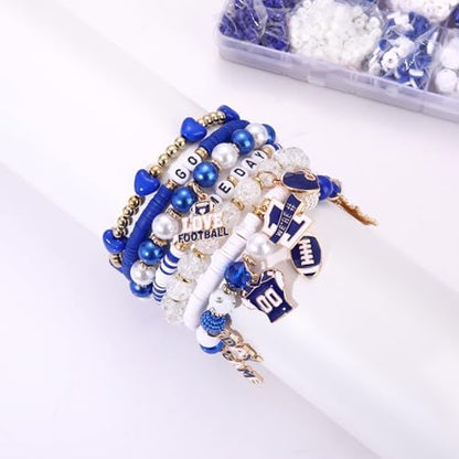 HSWE Game Day Beads Bracelet Kit Assorted Blue White Heishi Clay Pearl Letter Round Loose Beads Gold Spacer Beads with Sports Football Charms for DIY Bracelets Necklace Making - Image 4
