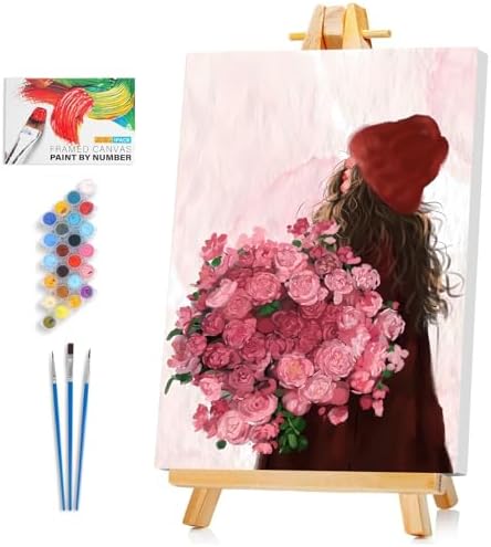 Framed Paint by Numbers Kit for Adults Beginner & Kids Ages 8-12, Girl Flowers Paint by Numbers with frame, without Easel, DIY Acrylic Number Painting for Adults for Home Decor Gift 8 x 12 Inch by Unknown