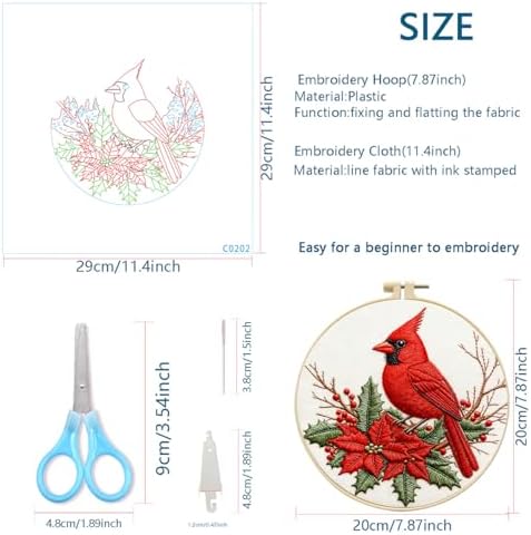 Zhenqing Cardinal Embroidery Kit for Beginners, Red Bird & Holly Needlework Craft with Pre-Printed Cotton Fabric, Hoop, Threads & Tools, Winter Holiday Decor (C0202) - Image 5