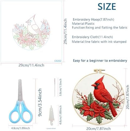 Zhenqing Cardinal Embroidery Kit for Beginners, Red Bird & Holly Needlework Craft with Pre-Printed Cotton Fabric, Hoop, Threads & Tools, Winter Holiday Decor (C0202) - Image 5