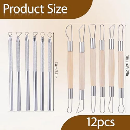 12PCS Double-Sided Clay Sculpting Tools, Wooden Handle Clay Carving Tools Clays Wire Loop Sculpture Set Clays Pottery Sculpting Tool Set for Ceramic, Carving Modeling - Image 2
