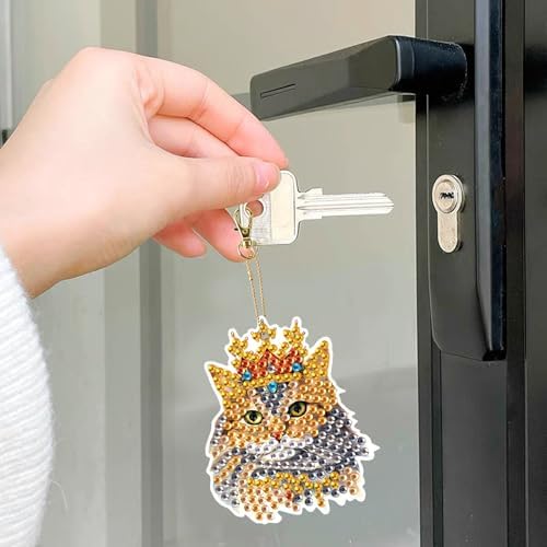 LazyFold 6Pcs Diamond Art Keychain Ornaments Kits for Adults,DIY Animals Crown Cat Diamond Painting Keychain,Key Ring Art Pendant Tree Decor Gift(Single Sided) - Image 4