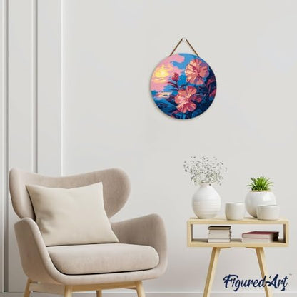 Figured'Art Paint by Numbers Kit for Adults on Wood Slice, 11.8in Diameter - Hibiscus at Sunset - Craft Art Painting DIY Canvas - Image 4