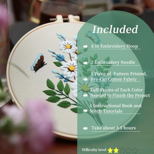 FONNUY Embroidery Kit for Beginners，Plants Flowers Pre-Stamped Pattern Kits for Adults with Hoop, Easy to Follow Needlework (Butterfly Flower) - Image 2