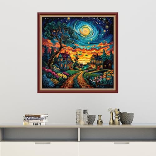 Dooxvey Cross Stitch Kits for Adults Beginners,Full Range of Cross-Stitch Stamped Kits Needlepoint Kits for Beginners Embroidery Kits 11CT Cross Stitch Patterns-Starry Night Moon Home 18x18 inch - Image 2