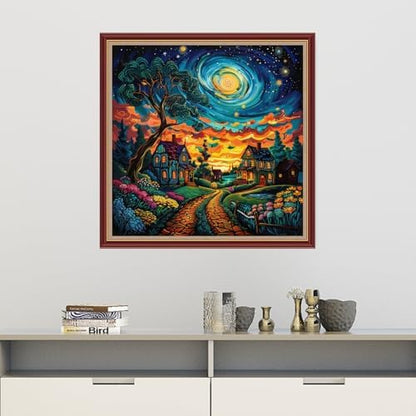 Dooxvey Cross Stitch Kits for Adults Beginners,Full Range of Cross-Stitch Stamped Kits Needlepoint Kits for Beginners Embroidery Kits 11CT Cross Stitch Patterns-Starry Night Moon Home 18x18 inch - Image 2