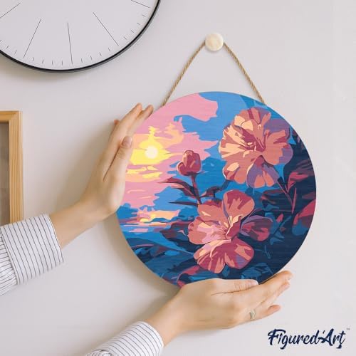Figured'Art Paint by Numbers Kit for Adults on Wood Slice, 11.8in Diameter - Hibiscus at Sunset - Craft Art Painting DIY Canvas - Image 3